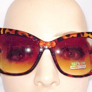 SEXY SUNNIES! BROWN LEOPARD CATEYE SUNGLASSES ORANGE RHINESTONES.